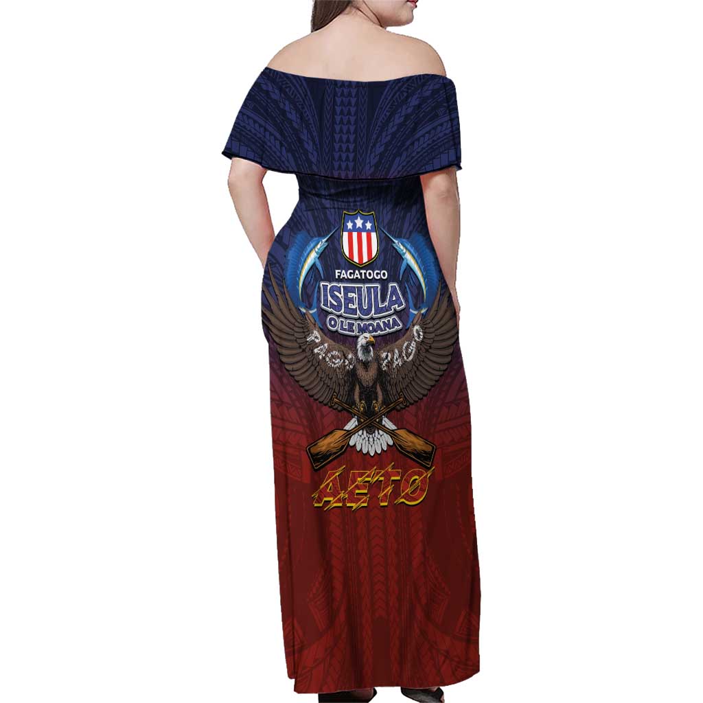 American Samoa Fautasi Family Matching Off Shoulder Maxi Dress and Hawaiian Shirt Pago Pago Aeto and Iseula o le Moana of Fagatogo Red-Blue LT03 - Polynesian Pride