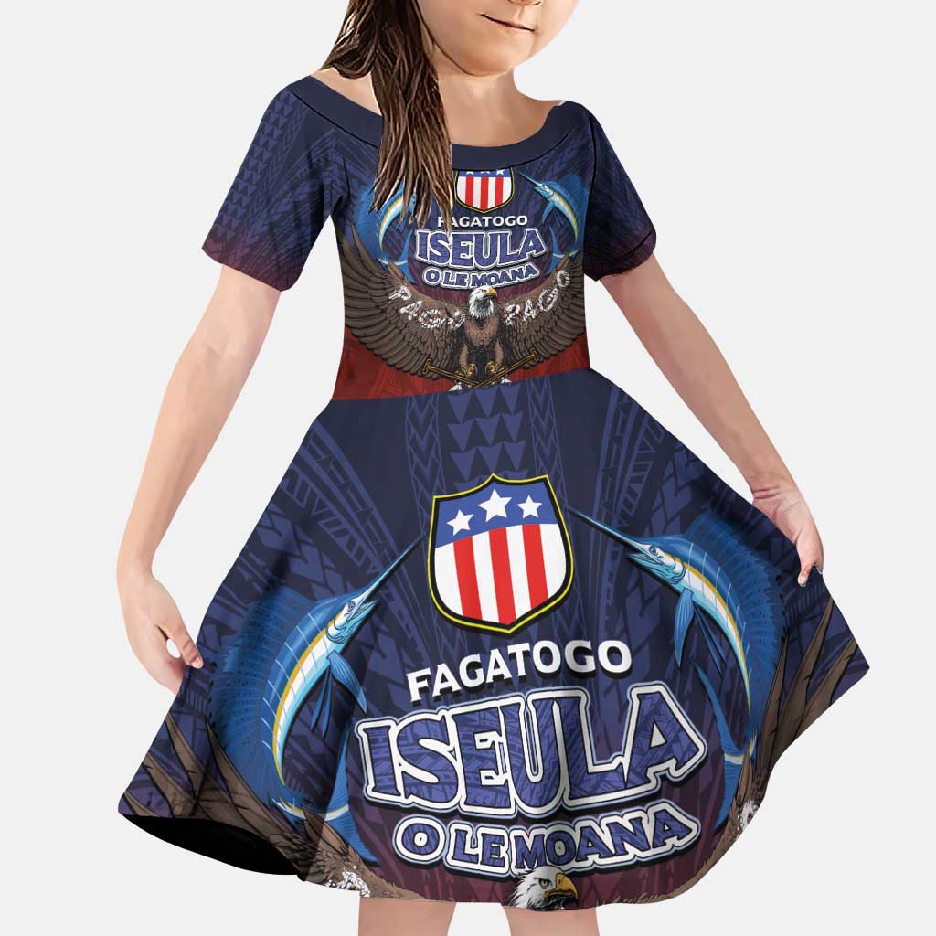 American Samoa Fautasi Family Matching Puletasi and Hawaiian Shirt Pago Pago Aeto and Iseula o le Moana of Fagatogo Red-Blue LT03 Daughter's Dress Blue - Polynesian Pride