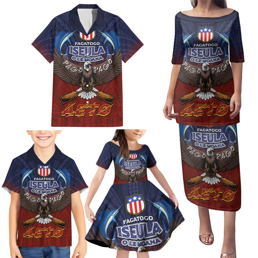 American Samoa Fautasi Family Matching Puletasi and Hawaiian Shirt Pago Pago Aeto and Iseula o le Moana of Fagatogo Red-Blue - Polynesian Pride