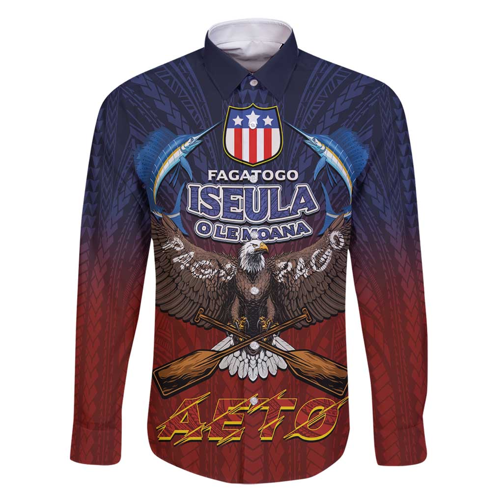 American Samoa Fautasi Family Matching Puletasi and Hawaiian Shirt Pago Pago Aeto and Iseula o le Moana of Fagatogo Red-Blue LT03 Dad's Shirt - Long Sleeve Blue - Polynesian Pride