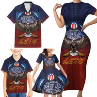 American Samoa Fautasi Family Matching Short Sleeve Bodycon Dress and Hawaiian Shirt Pago Pago Aeto and Iseula o le Moana of Fagatogo Red-Blue LT03 - Polynesian Pride