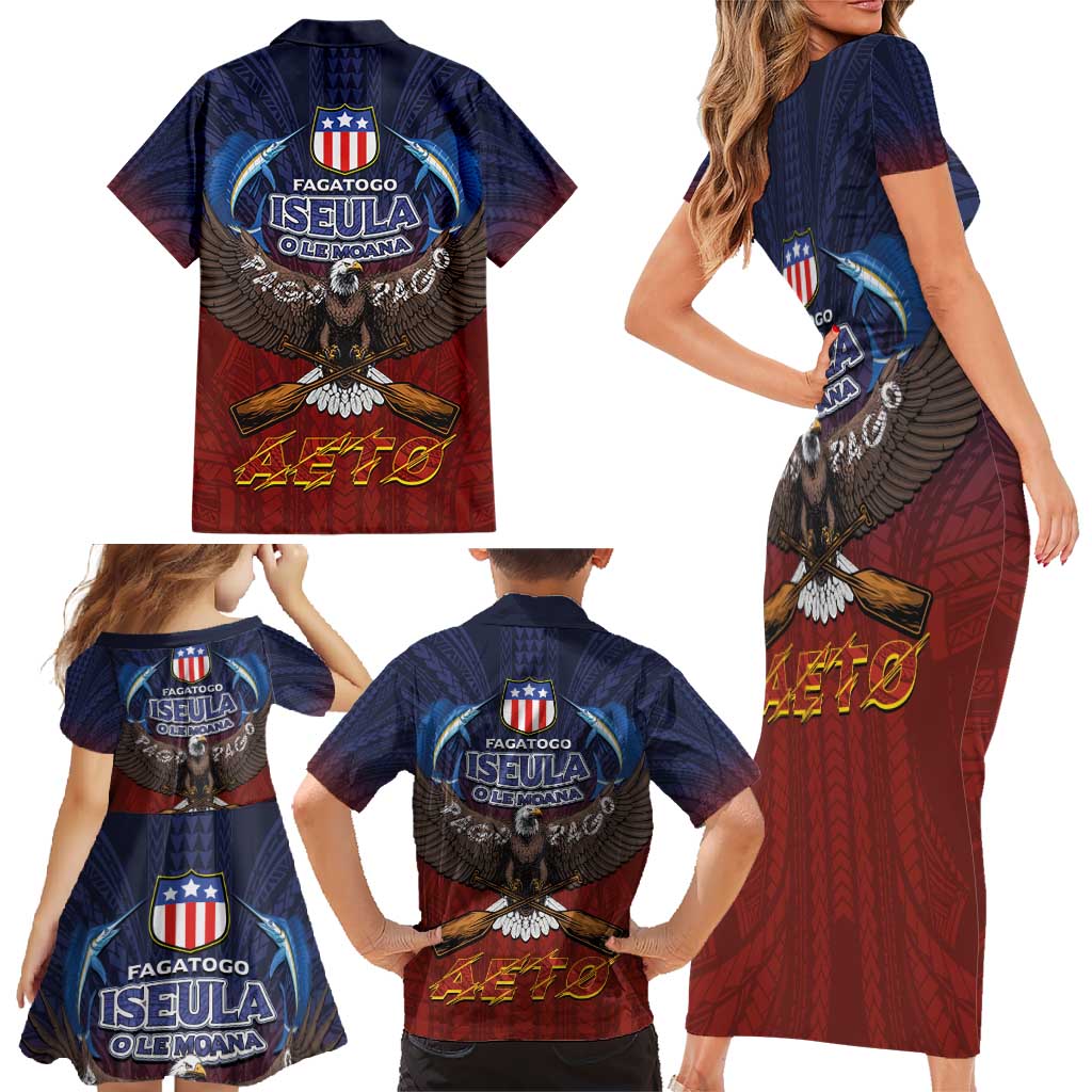 American Samoa Fautasi Family Matching Short Sleeve Bodycon Dress and Hawaiian Shirt Pago Pago Aeto and Iseula o le Moana of Fagatogo Red-Blue LT03 - Polynesian Pride