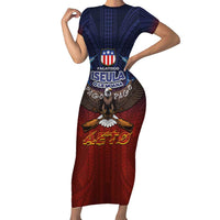 American Samoa Fautasi Family Matching Short Sleeve Bodycon Dress and Hawaiian Shirt Pago Pago Aeto and Iseula o le Moana of Fagatogo Red-Blue LT03 Mom's Dress Blue - Polynesian Pride