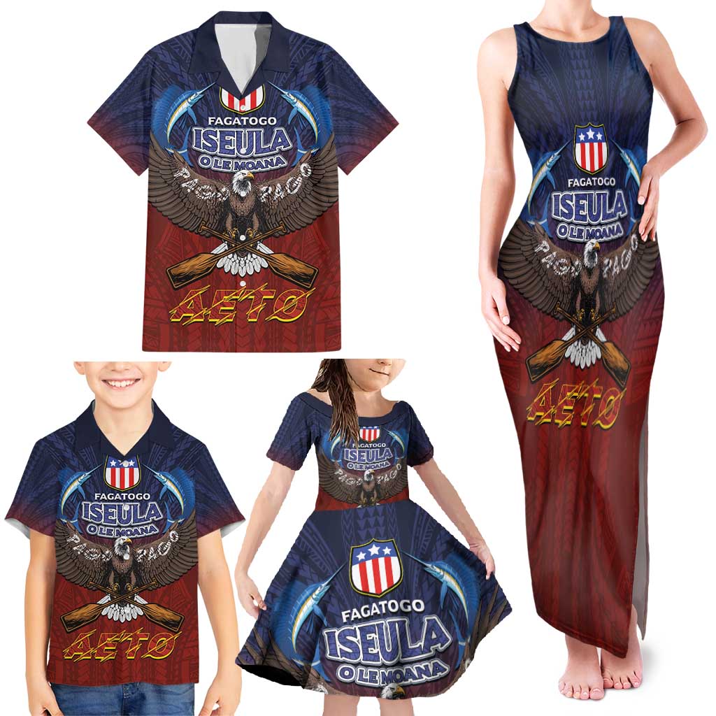 American Samoa Fautasi Family Matching Tank Maxi Dress and Hawaiian Shirt Pago Pago Aeto and Iseula o le Moana of Fagatogo Red-Blue LT03 - Polynesian Pride