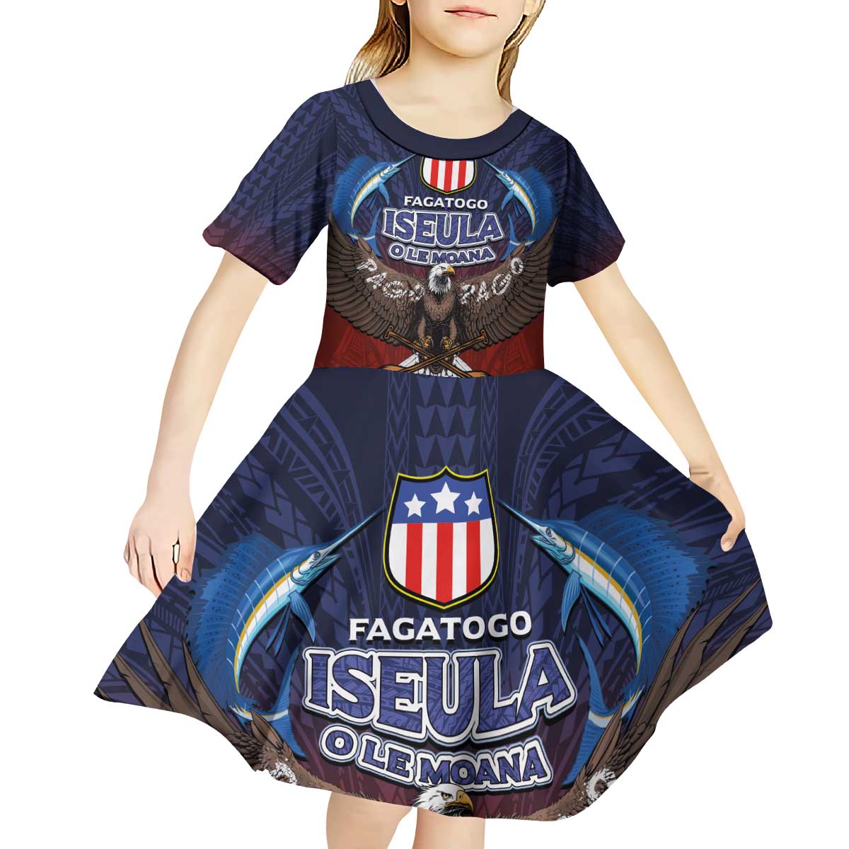 American Samoa Fautasi Kid Short Sleeve Dress Pago Pago Aeto and Iseula o le Moana of Fagatogo Red-Blue LT03 - Polynesian Pride