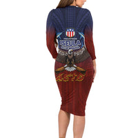 American Samoa Fautasi Long Sleeve Bodycon Dress Pago Pago Aeto and Iseula o le Moana of Fagatogo Red-Blue LT03 - Polynesian Pride