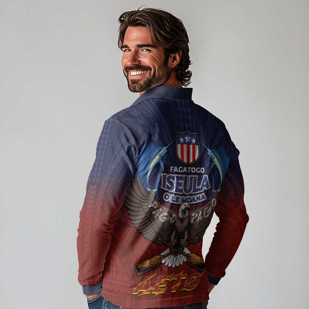 American Samoa Fautasi Long Sleeve Polo Shirt Pago Pago Aeto and Iseula o le Moana of Fagatogo Red-Blue LT03 - Polynesian Pride