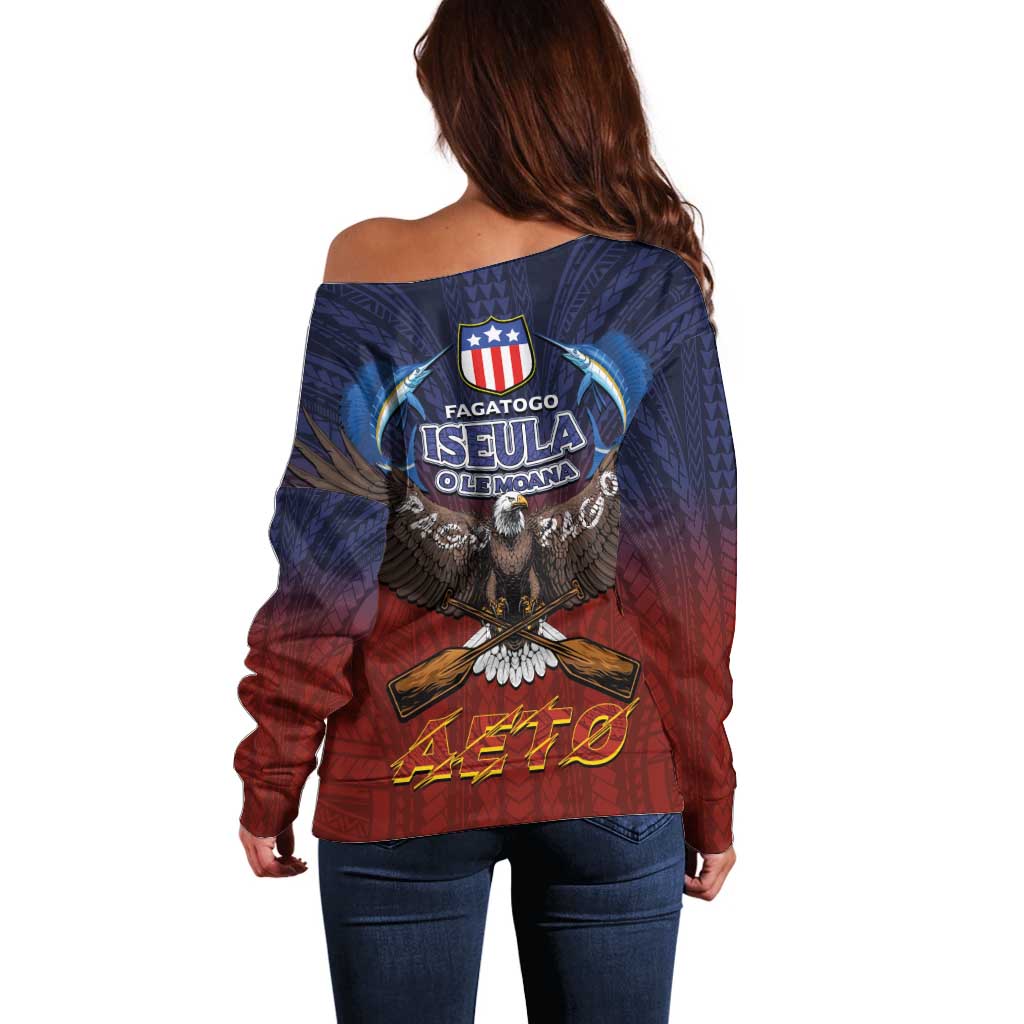 American Samoa Fautasi Off Shoulder Sweater Pago Pago Aeto and Iseula o le Moana of Fagatogo Red-Blue LT03 - Polynesian Pride