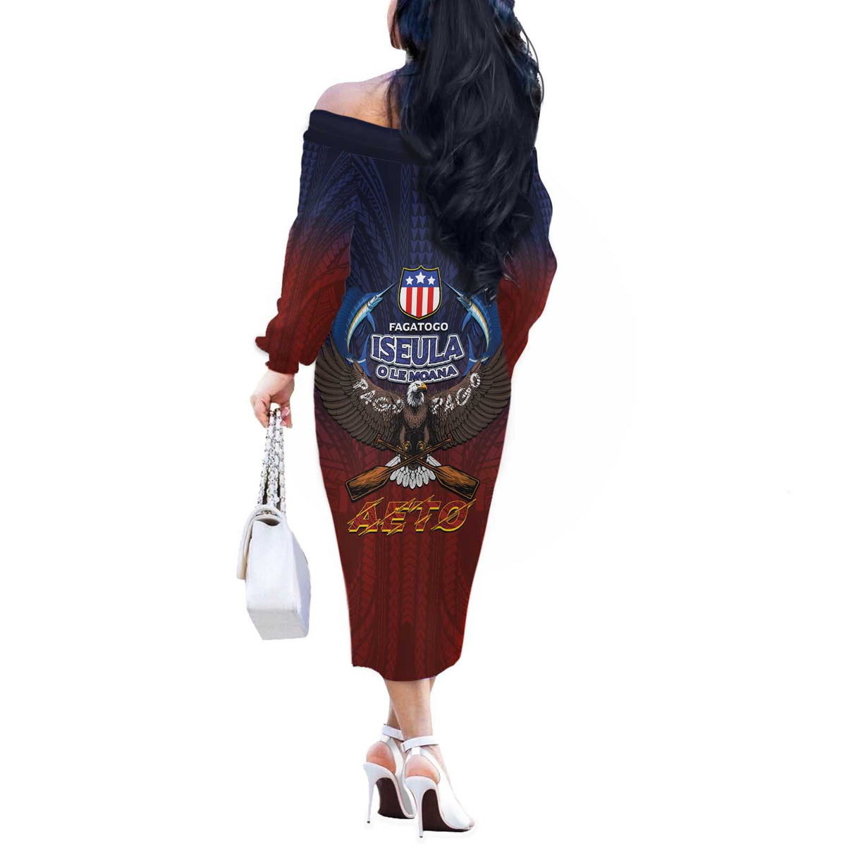 American Samoa Fautasi Off The Shoulder Long Sleeve Dress Pago Pago Aeto and Iseula o le Moana of Fagatogo Red-Blue LT03 - Polynesian Pride