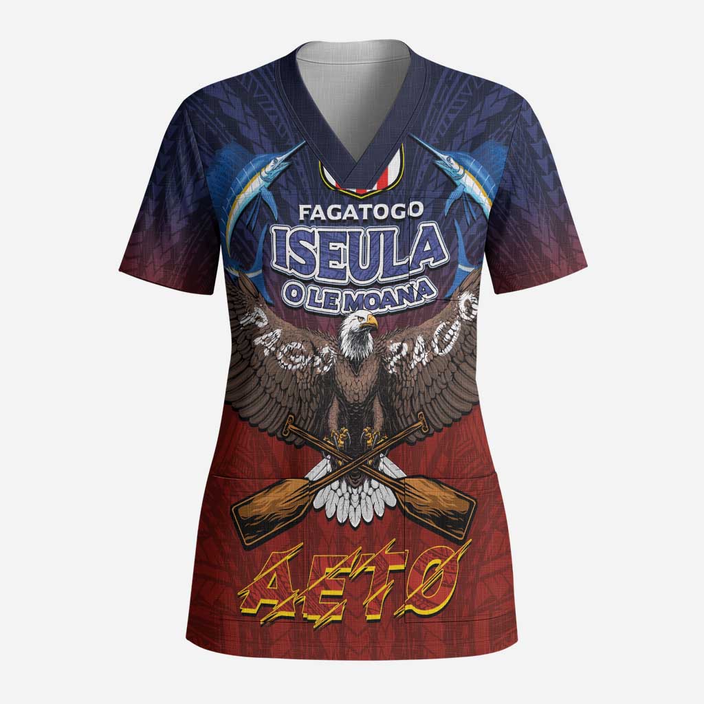American Samoa Fautasi Scrub Top Pago Pago Aeto and Iseula o le Moana of Fagatogo Red-Blue LT03 Adult Blue - Polynesian Pride