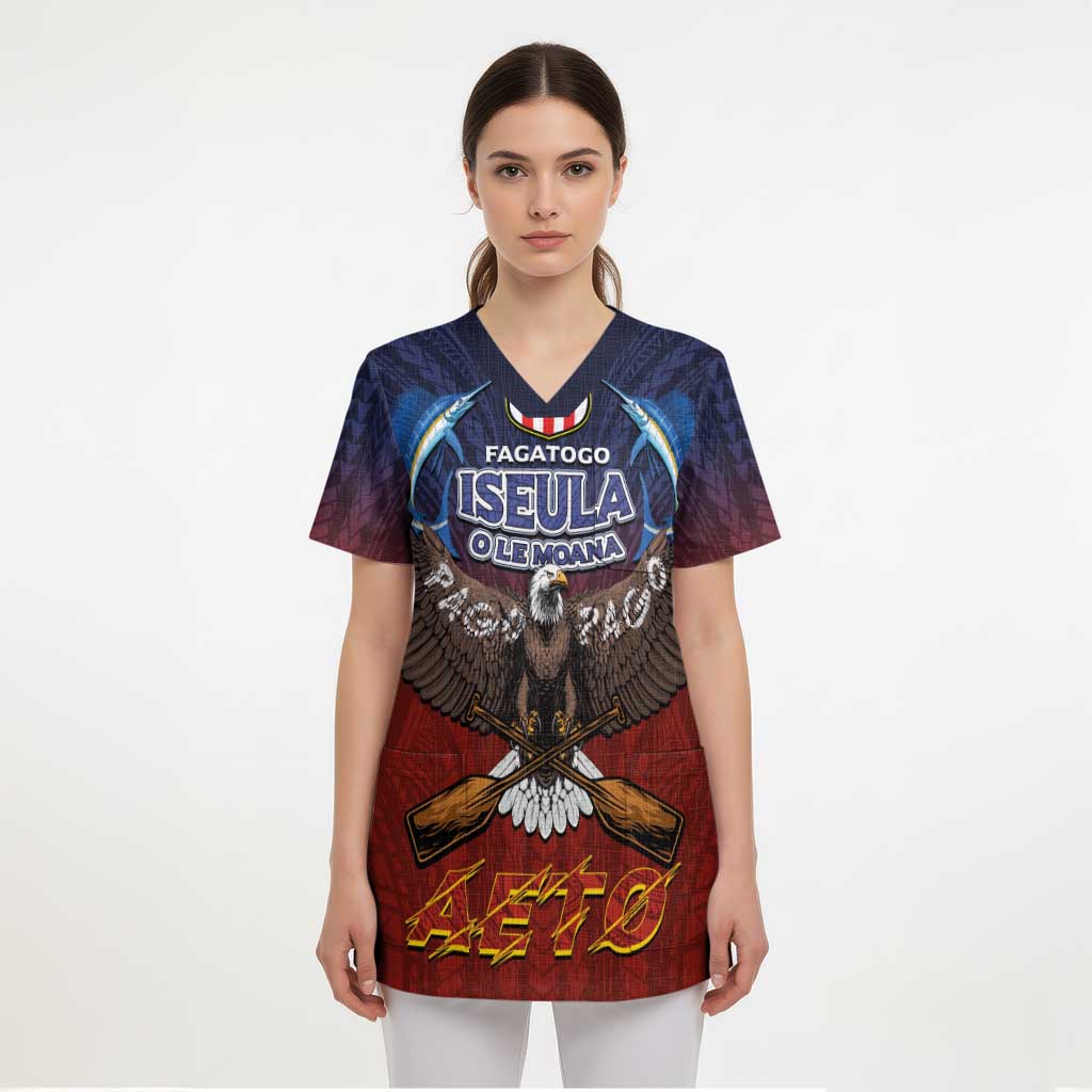 American Samoa Fautasi Scrub Top Pago Pago Aeto and Iseula o le Moana of Fagatogo Red-Blue LT03 - Polynesian Pride