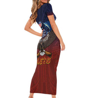 American Samoa Fautasi Short Sleeve Bodycon Dress Pago Pago Aeto and Iseula o le Moana of Fagatogo Red-Blue LT03 - Polynesian Pride