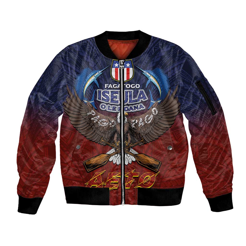 American Samoa Fautasi Sleeve Zip Bomber Jacket Pago Pago Aeto and Iseula o le Moana of Fagatogo Red-Blue LT03 Unisex Blue - Polynesian Pride