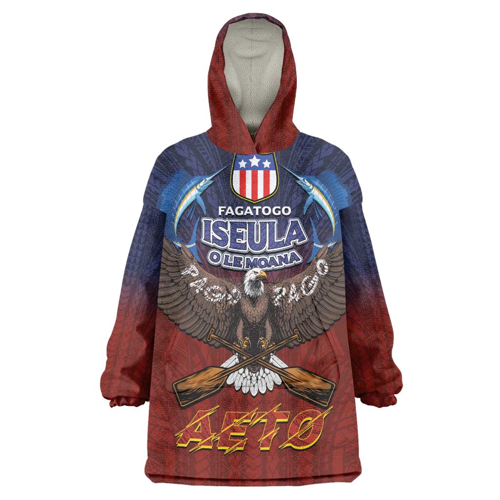 American Samoa Fautasi Wearable Blanket Hoodie Pago Pago Aeto and Iseula o le Moana of Fagatogo Red-Blue LT03 One Size Blue - Polynesian Pride