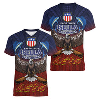 American Samoa Fautasi Women V-Neck T-Shirt Pago Pago Aeto and Iseula o le Moana of Fagatogo Red-Blue LT03 - Polynesian Pride