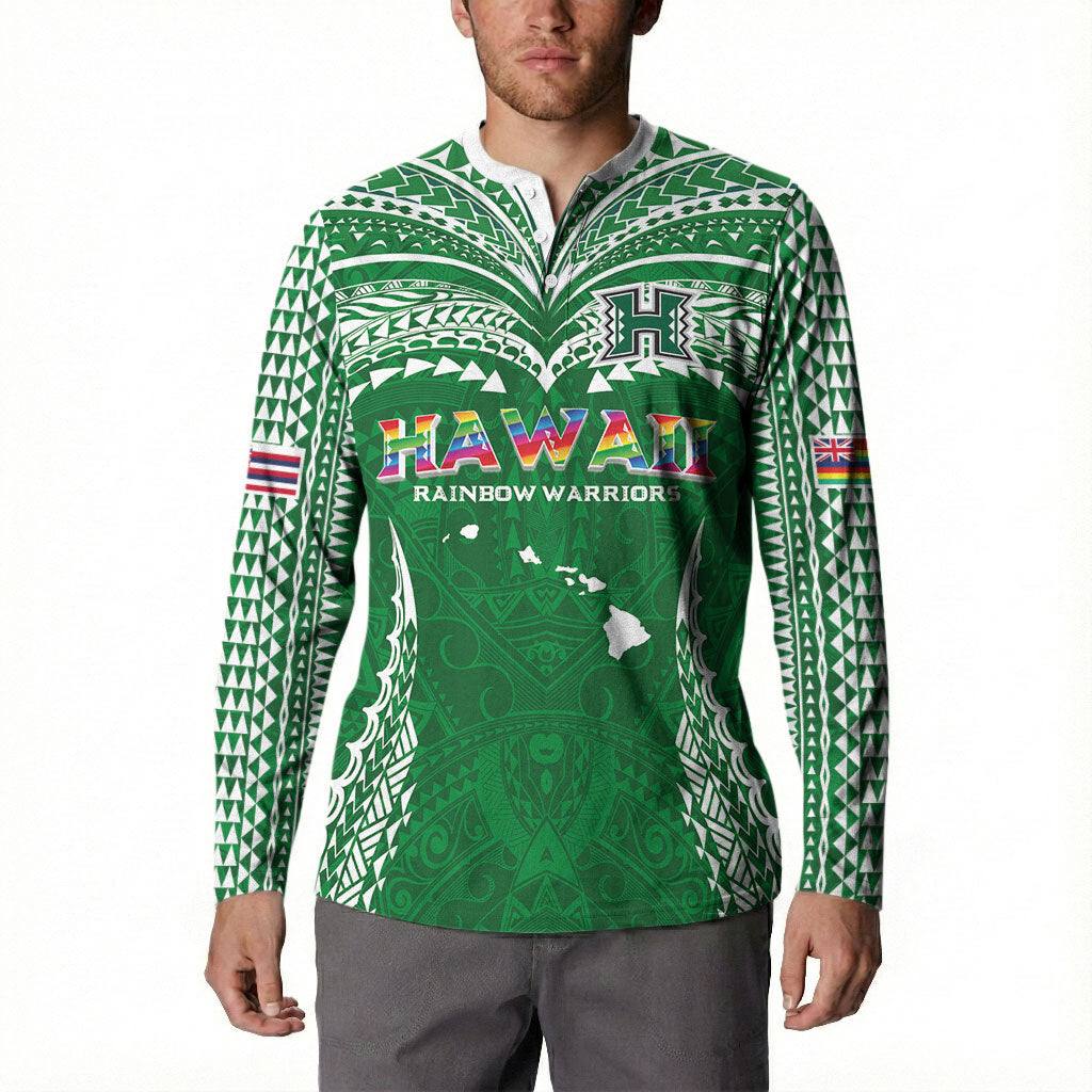 Custom Hawaii Rainbow Warriors Button Sweatshirt Polynesian Motif Green Color