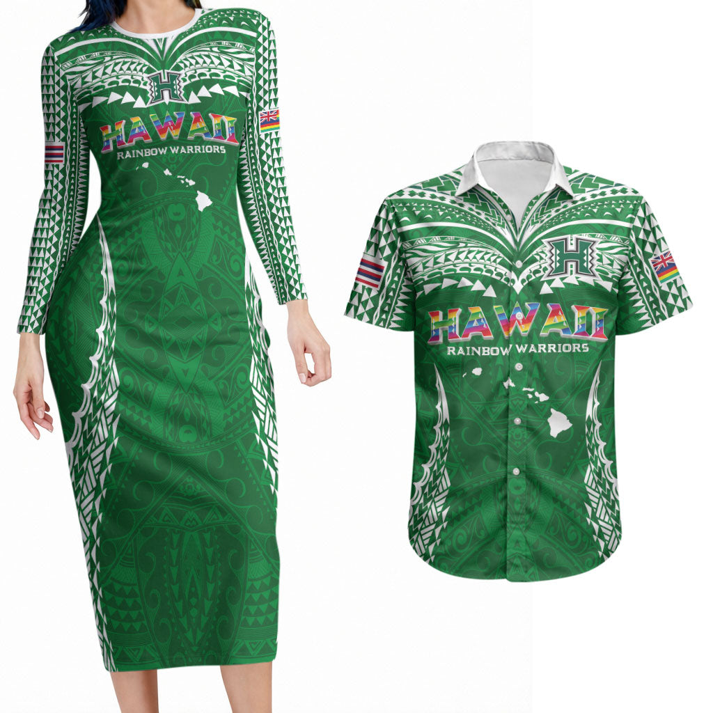 Custom Hawaii Rainbow Warriors Couples Matching Long Sleeve Bodycon Dress and Hawaiian Shirt Polynesian Motif Green Color