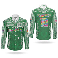 Custom Hawaii Rainbow Warriors Couples Matching Mermaid Dress and Long Sleeve Button Shirt Polynesian Motif Green Color
