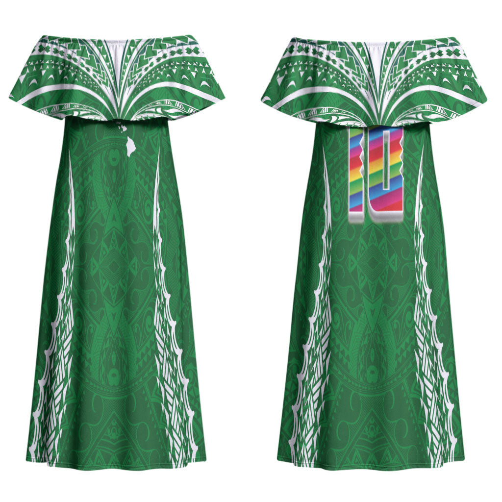 Custom Hawaii Rainbow Warriors Couples Matching Off Shoulder Maxi Dress and Hawaiian Shirt Polynesian Motif Green Color
