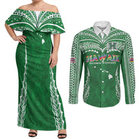 Custom Hawaii Rainbow Warriors Couples Matching Off Shoulder Maxi Dress and Long Sleeve Button Shirt Polynesian Motif Green Color