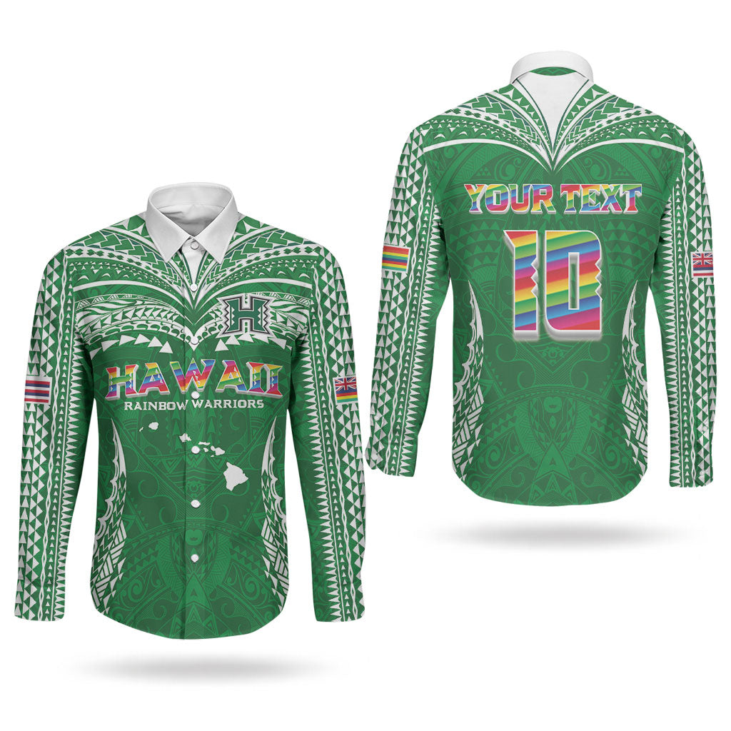 Custom Hawaii Rainbow Warriors Couples Matching Off Shoulder Short Dress and Long Sleeve Button Shirt Polynesian Motif Green Color