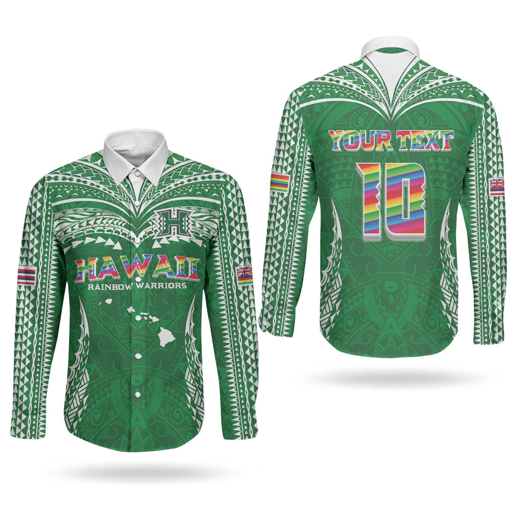 Custom Hawaii Rainbow Warriors Couples Matching Off The Shoulder Long Sleeve Dress and Long Sleeve Button Shirt Polynesian Motif Green Color