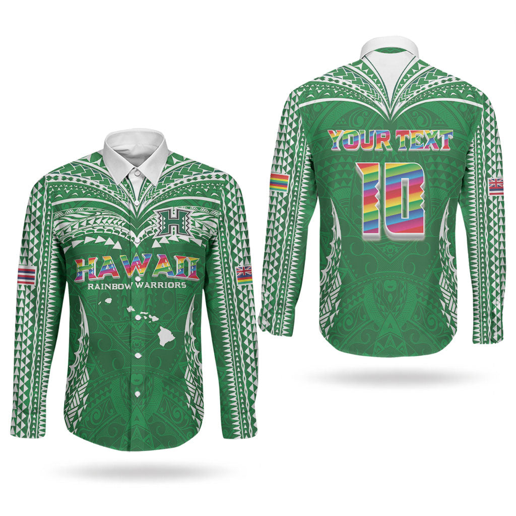 Custom Hawaii Rainbow Warriors Couples Matching Short Sleeve Bodycon Dress and Long Sleeve Button Shirt Polynesian Motif Green Color