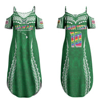 Custom Hawaii Rainbow Warriors Couples Matching Summer Maxi Dress and Long Sleeve Button Shirt Polynesian Motif Green Color