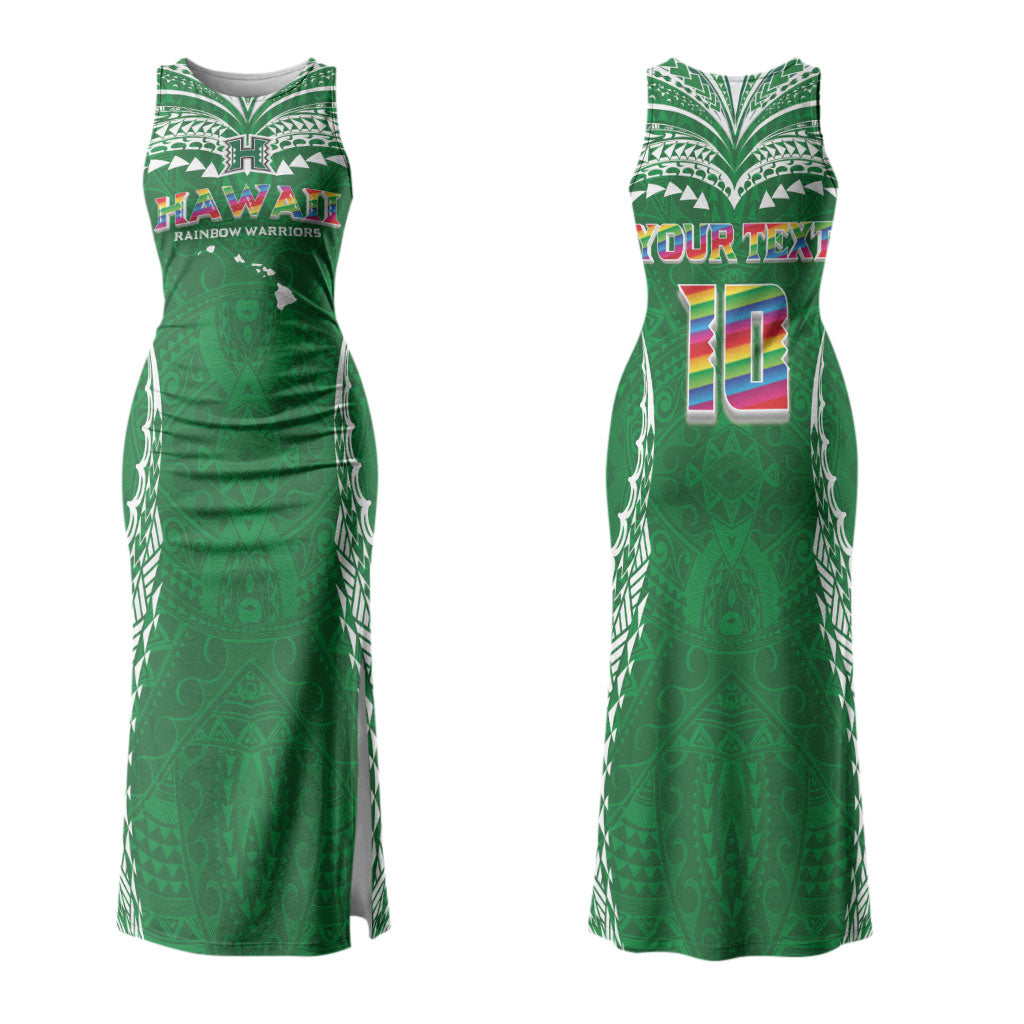 Custom Hawaii Rainbow Warriors Couples Matching Tank Maxi Dress and Hawaiian Shirt Polynesian Motif Green Color