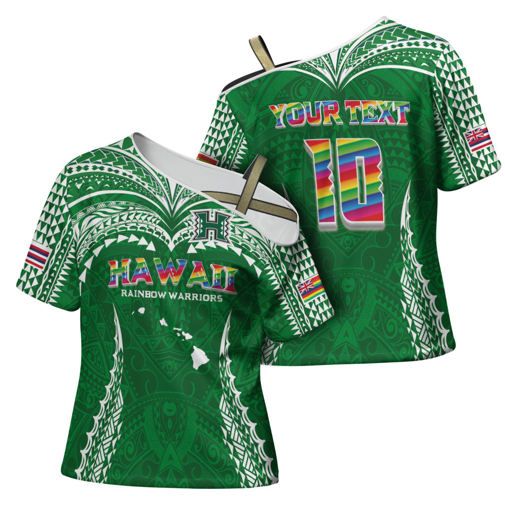 Custom Hawaii Rainbow Warriors Cross Shoulder Shirt Polynesian Motif Green Color