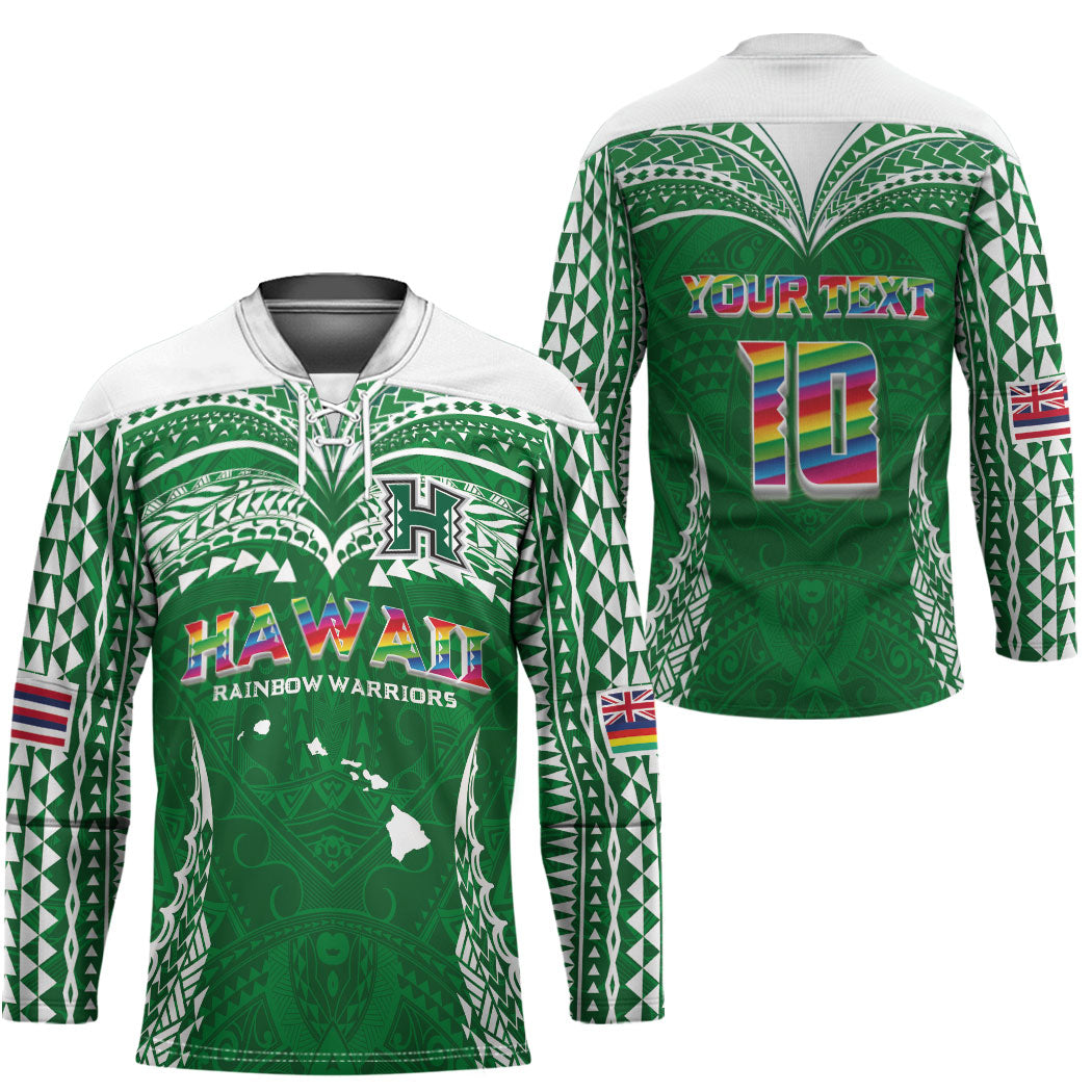 Custom Hawaii Rainbow Warriors Hockey Jersey Polynesian Motif Green Color