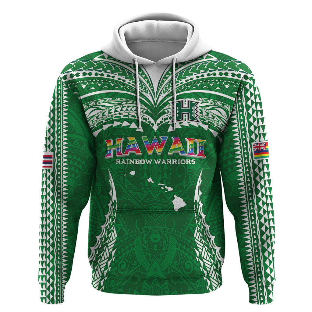 Custom Hawaii Rainbow Warriors Hoodie Polynesian Motif Green Color