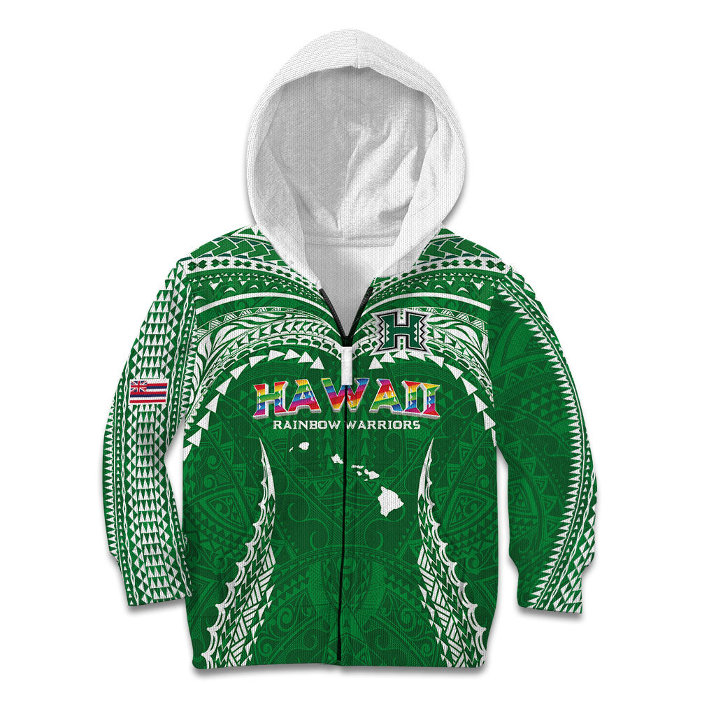 Custom Hawaii Rainbow Warriors Kid Hoodie Polynesian Motif Green Color