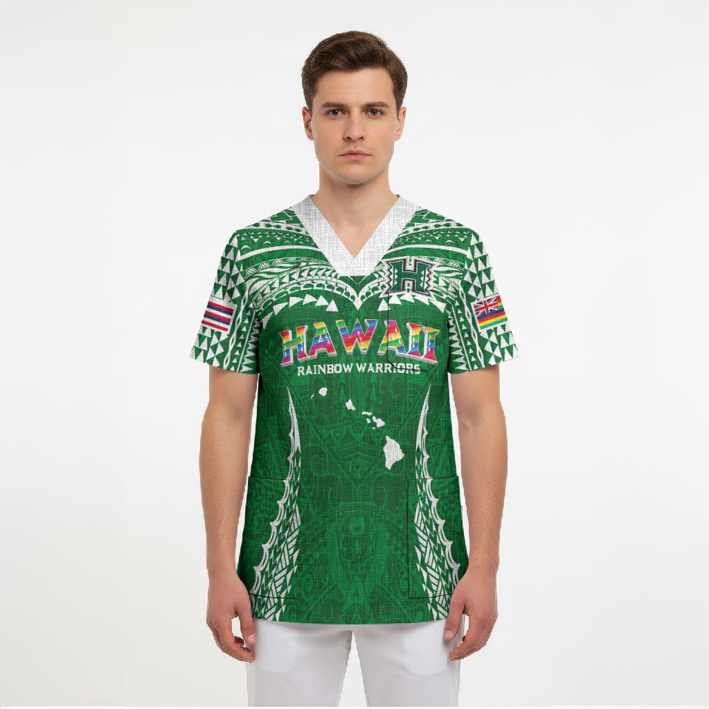 Custom Hawaii Rainbow Warriors Scrub Top Polynesian Motif Green Color