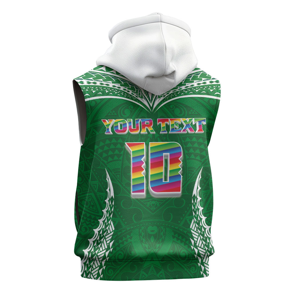 Custom Hawaii Rainbow Warriors Sleeveless Hoodie Polynesian Motif Green Color