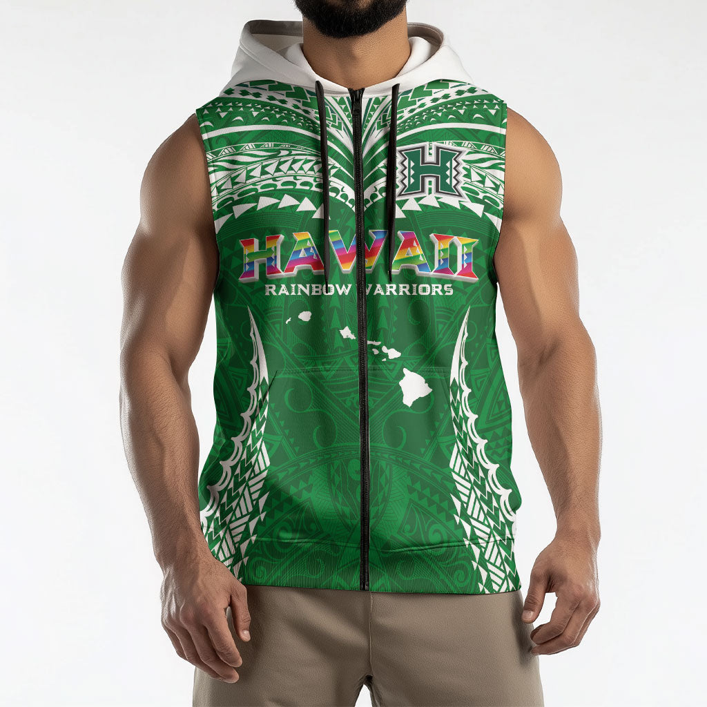 Custom Hawaii Rainbow Warriors Sleeveless Zip Hoodie Polynesian Motif Green Color