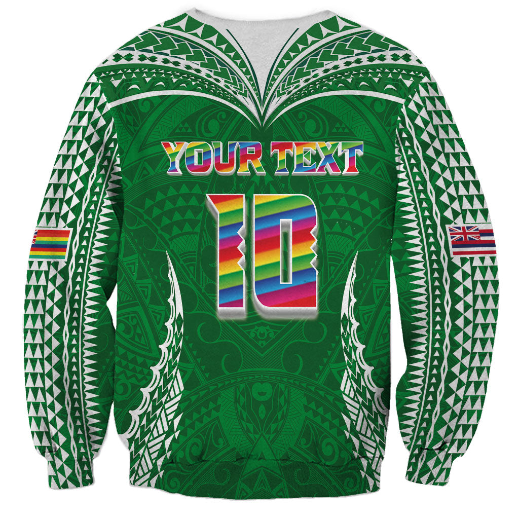 Custom Hawaii Rainbow Warriors Sweatshirt Polynesian Motif Green Color
