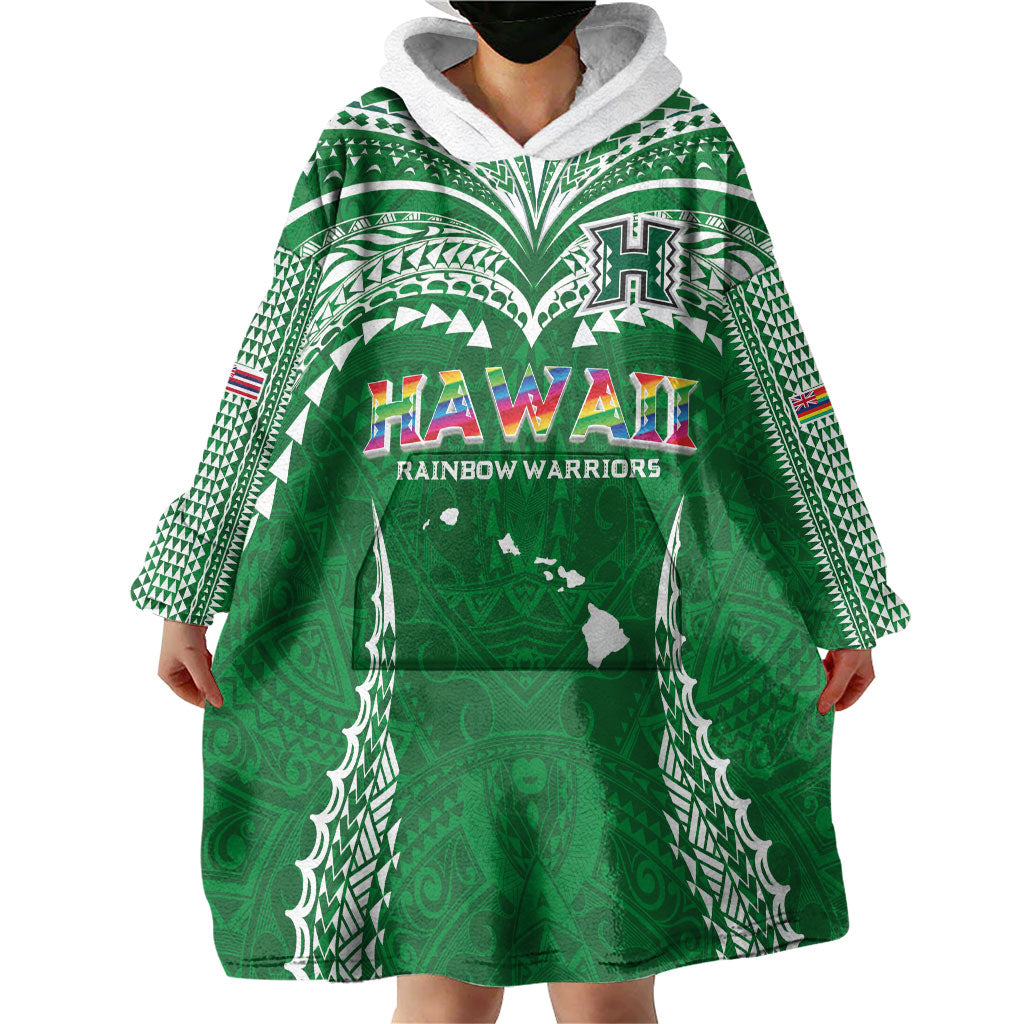 Custom Hawaii Rainbow Warriors Wearable Blanket Hoodie Polynesian Motif Green Color