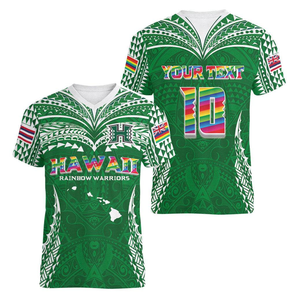 Custom Hawaii Rainbow Warriors Women V-Neck T-Shirt Polynesian Motif Green Color