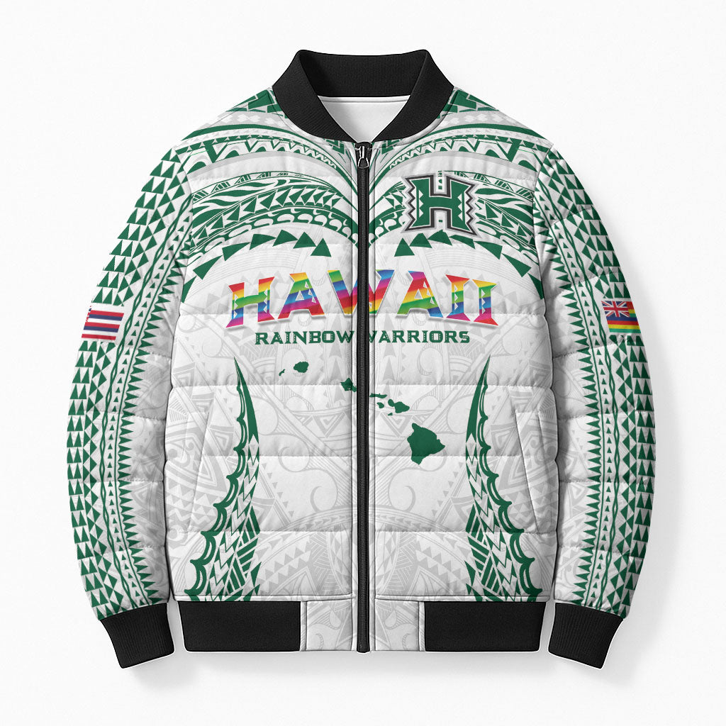 Custom Hawaii Rainbow Warriors Bomber Puffer Jacket Polynesian Motif White Color