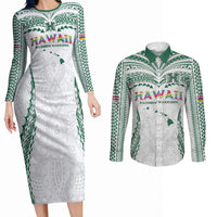 Custom Hawaii Rainbow Warriors Couples Matching Long Sleeve Bodycon Dress and Long Sleeve Button Shirt Polynesian Motif White Color