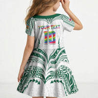 Custom Hawaii Rainbow Warriors Kid Short Sleeve Dress Polynesian Motif White Color