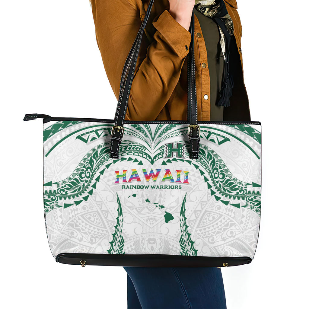 Hawaii Rainbow Warriors Leather Tote Bag Polynesian Motif White Color