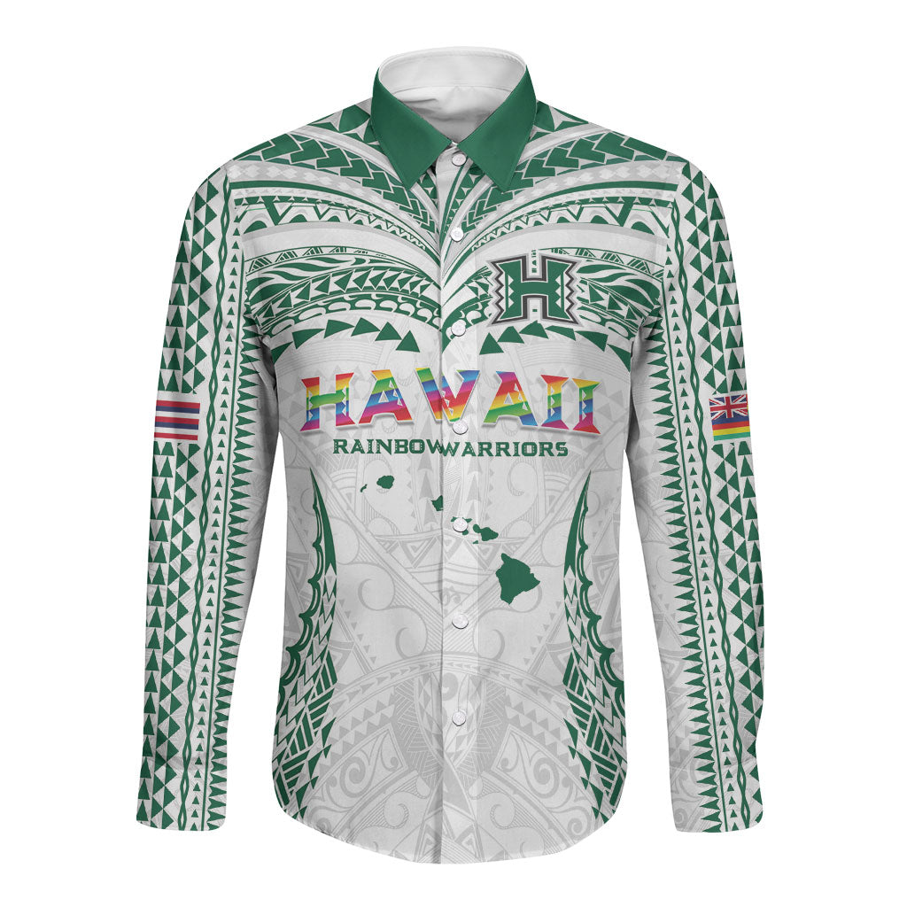 Custom Hawaii Rainbow Warriors Long Sleeve Button Shirt Polynesian Motif White Color