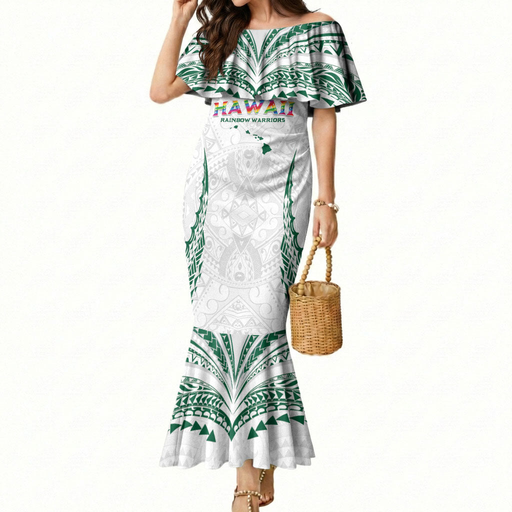 Custom Hawaii Rainbow Warriors Mermaid Dress Polynesian Motif White Color