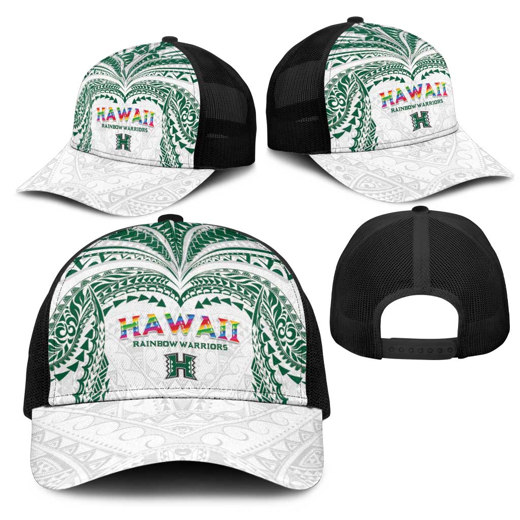 Hawaii Rainbow Warriors Mesh Trucker Cap Polynesian Motif White Color