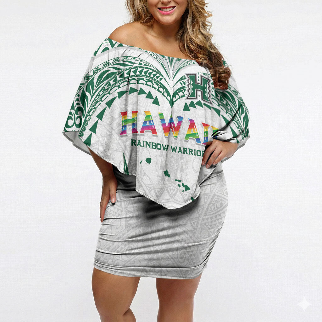 Custom Hawaii Rainbow Warriors Off Shoulder Short Dress Polynesian Motif White Color