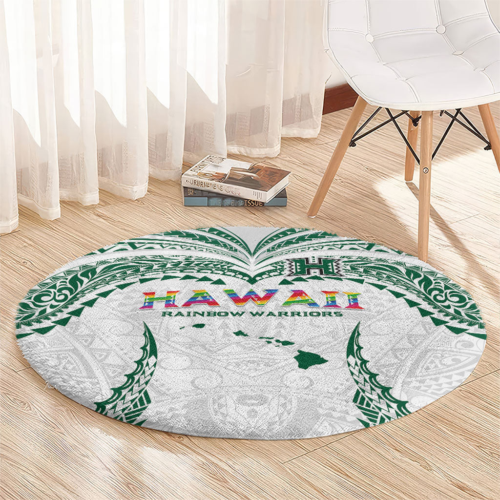 Hawaii Rainbow Warriors Round Carpet Polynesian Motif White Color
