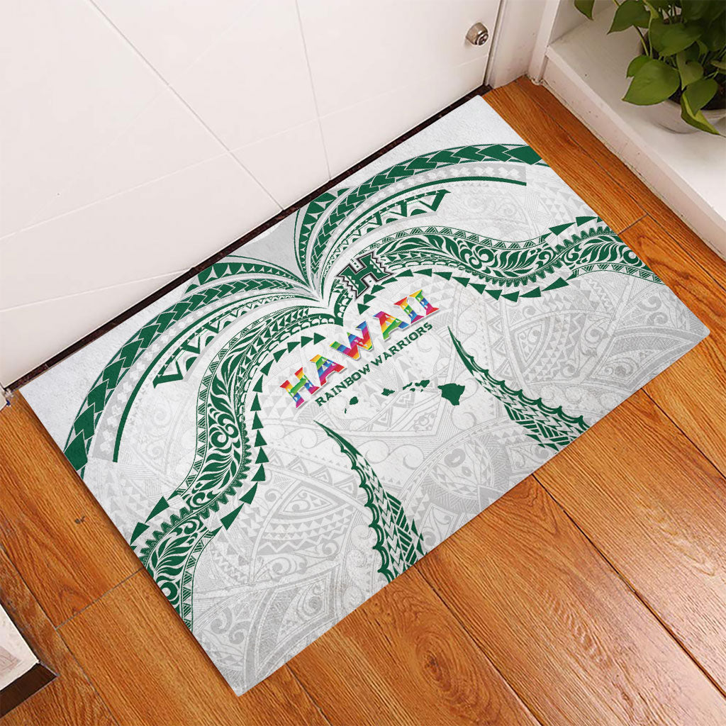 Hawaii Rainbow Warriors Rubber Doormat Polynesian Motif White Color