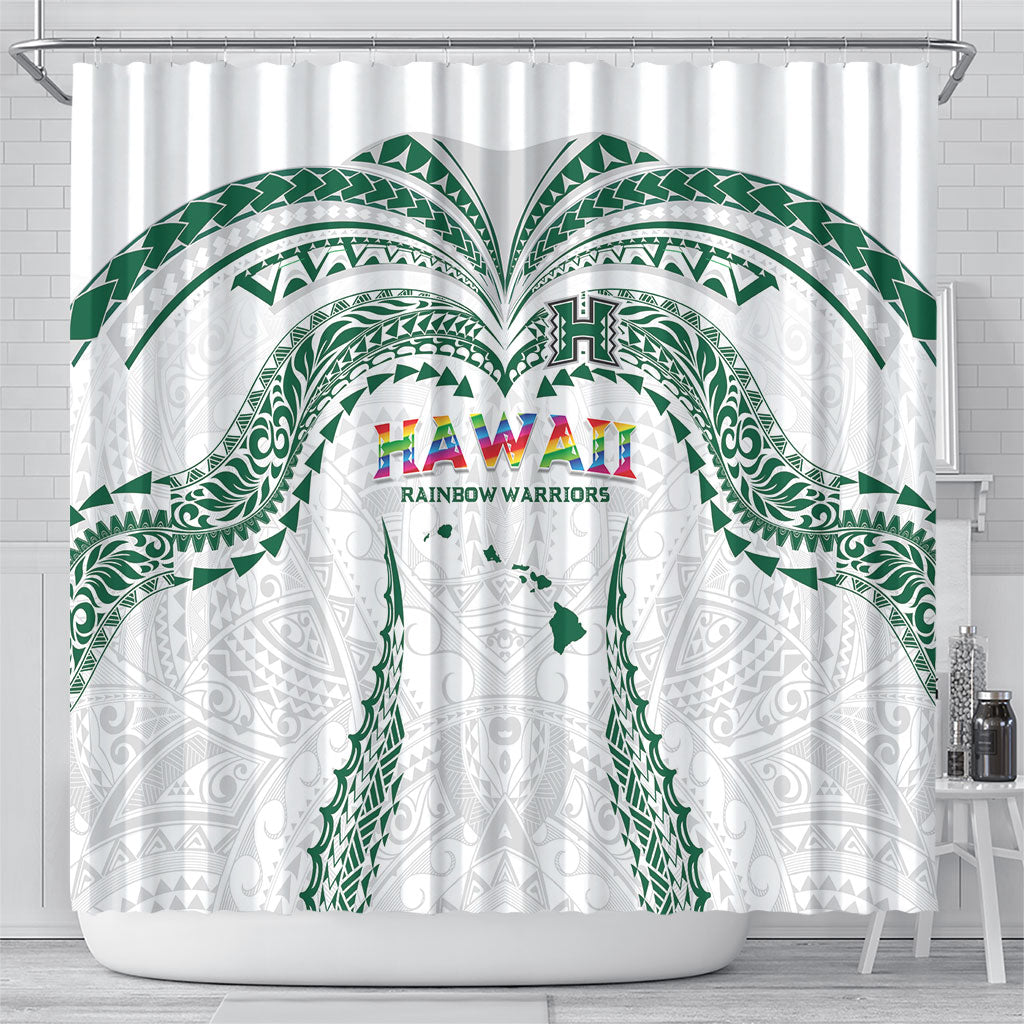 Hawaii Rainbow Warriors Shower Curtain Polynesian Motif White Color
